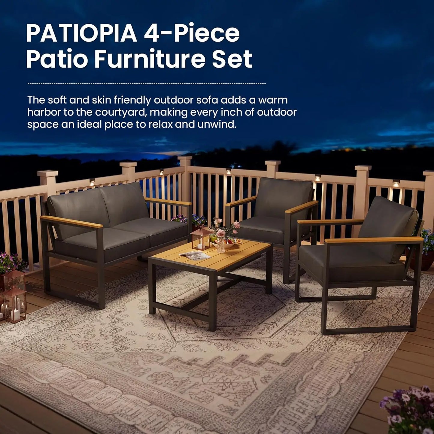 4-Piece All-Weather Patio Set with Coffee Table and Thick Cushions, Modern Metal Furniture for Outdoor Porch in Gray