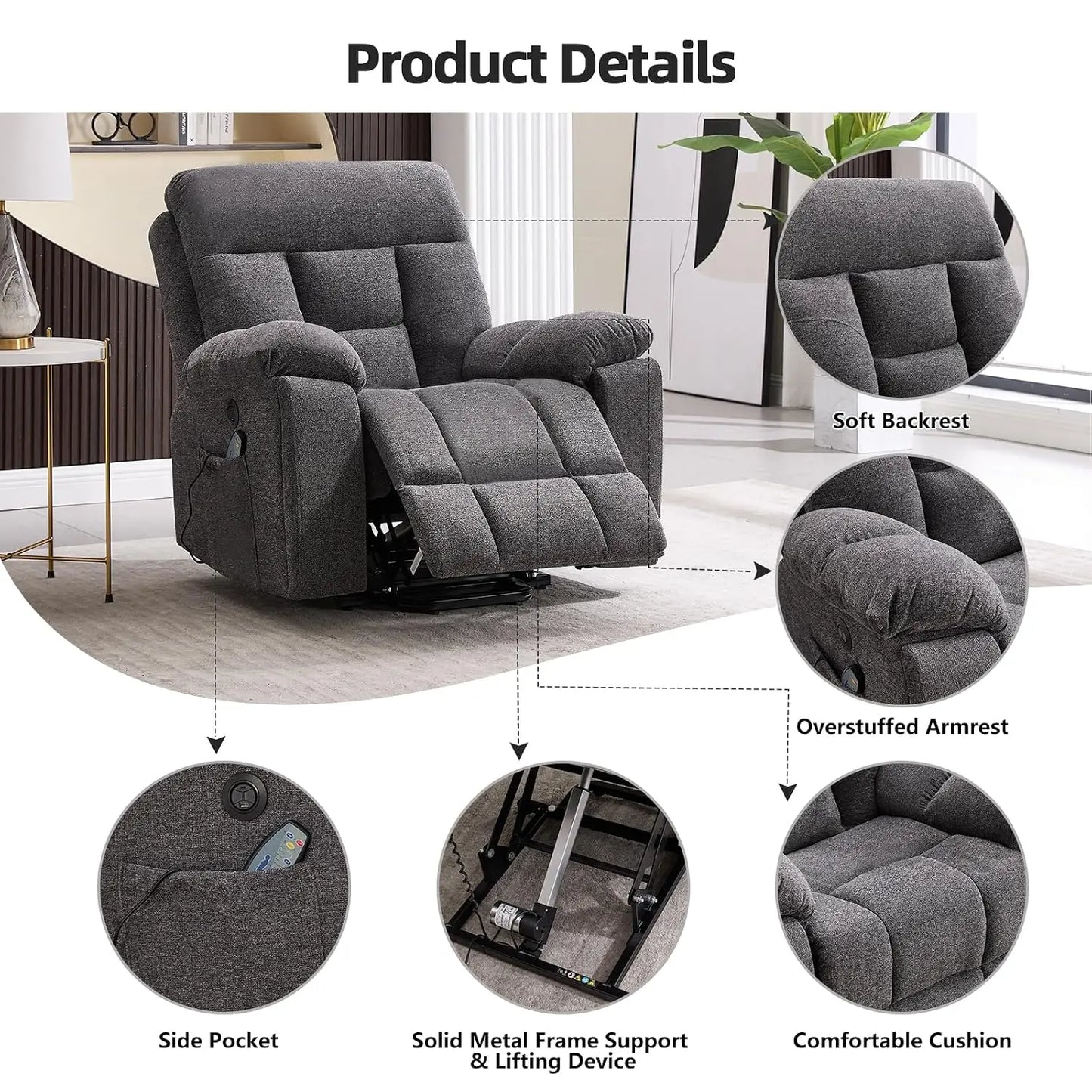 Large Power Lift Recliner Chair with Massage and Heat for Elderly Big and Tall People, Overstuffed Wide Recliners, Customized