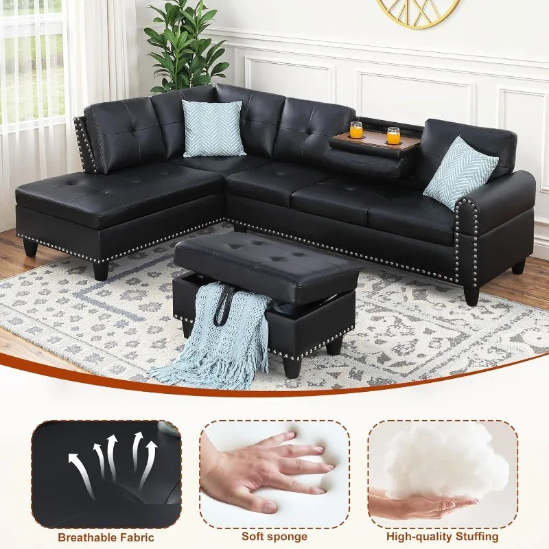 Sectional Couches for Living Room L Shaped Couch 3-Piece Sectional Sofa Set for Living Room and Small Apartment, Classic Black