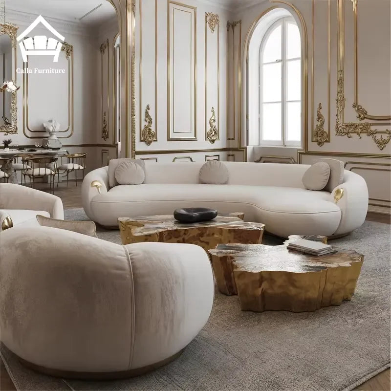 High End Villa Living Room Set Curved Sofa Leather Fabric Brass Corner Couch Italian Designer Furniture Sofas Modernos
