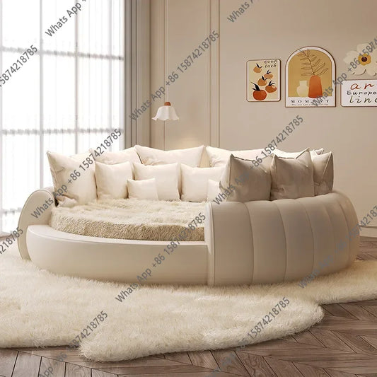 X 2.2×2m Master Bedroom Big Round Bed Modern Hotel Guest House Cream Wind Luxury White Leather Full Bed Frame Lazy Cloud Section