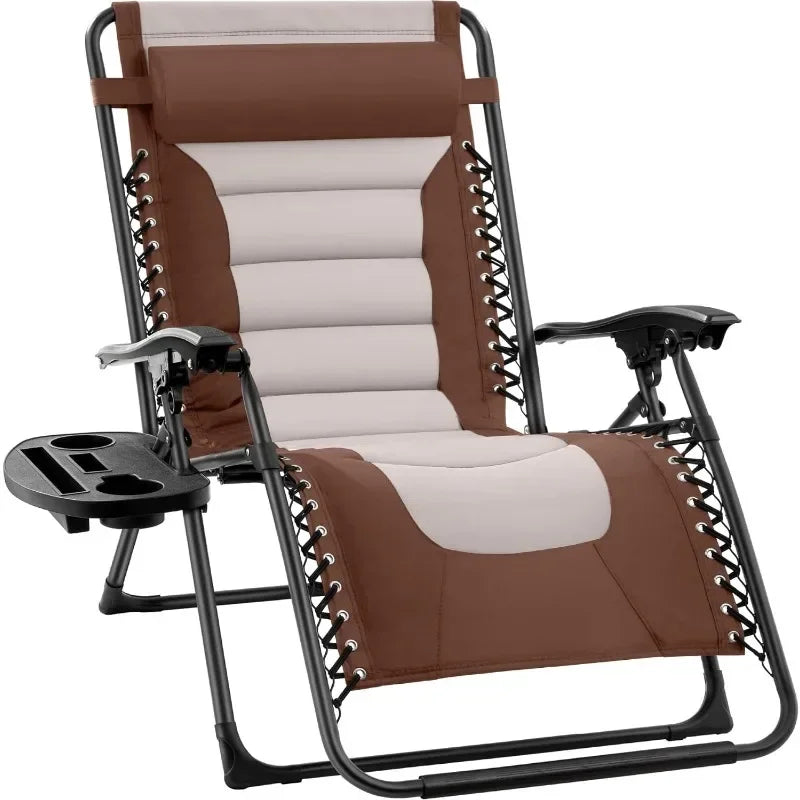 v Oversized Padded Zero Gravity Chair, Folding Outdoor Patio Recliner, XL Anti Gravity Lounger for Backyard w/Headrest, Cup Hold