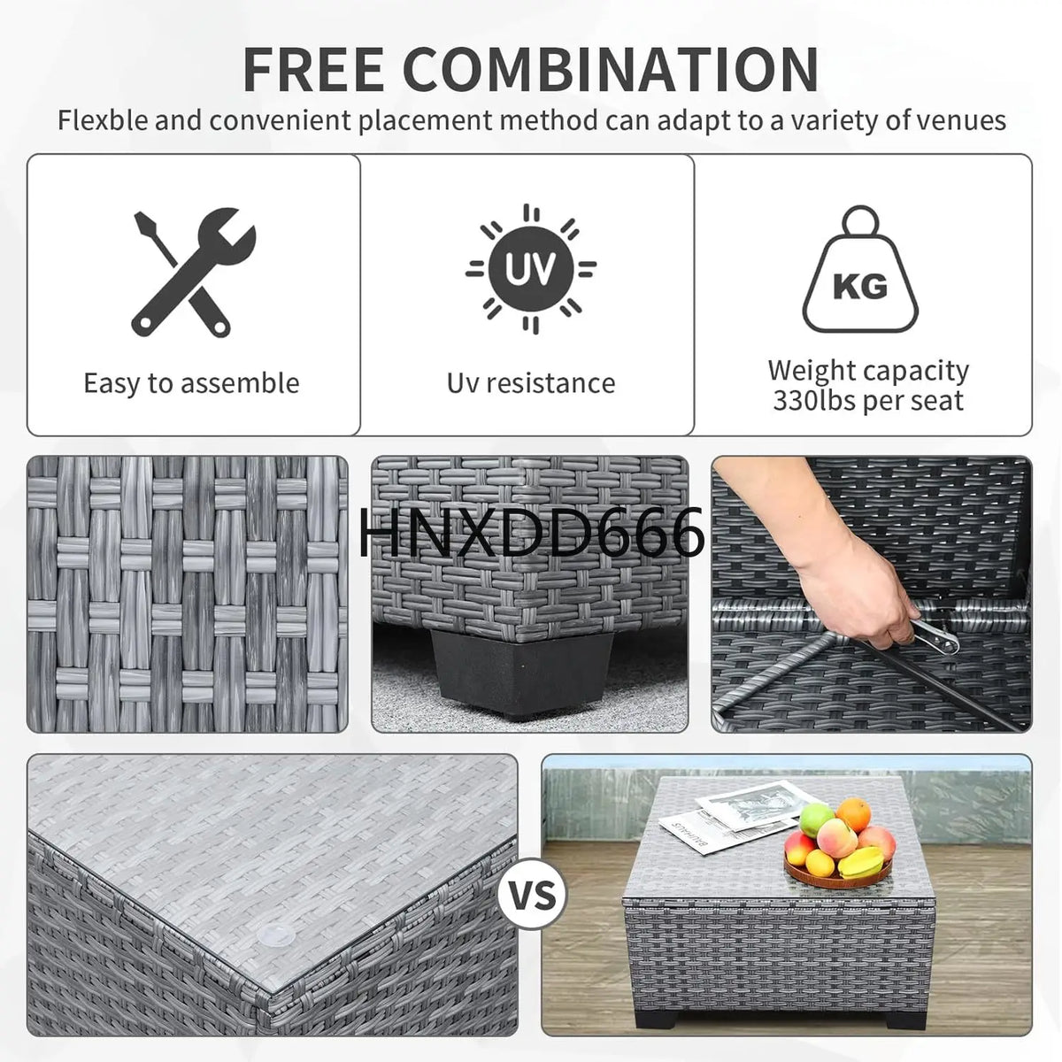 7 Piece Outdoor PE Wicker Furniture Set, Patio Gray Rattan Sectional Sofa Couch with Washable Dark Blue Cushions