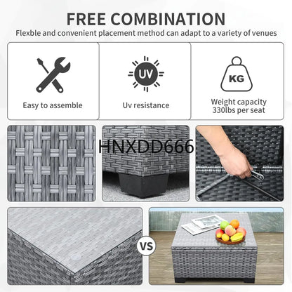 7 Piece Outdoor PE Wicker Furniture Set, Patio Gray Rattan Sectional Sofa Couch with Washable Dark Blue Cushions