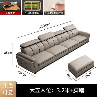 Light luxury first-layer cowhide leather sofa, living room size, straight row concubine combination household leather sofa