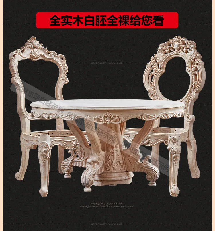 A07 European dining table and chair combination glass surface classical luxury solid wood carving flower round table with turnta