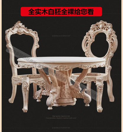 A07 European dining table and chair combination glass surface classical luxury solid wood carving flower round table with turnta