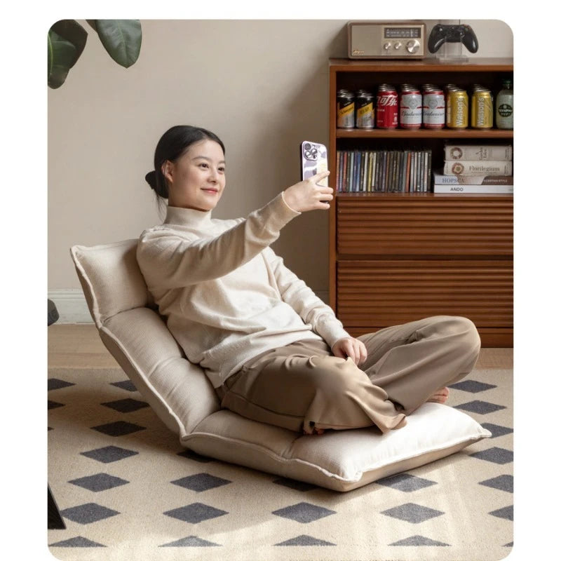 Folding Lounge Chair Cream Lazy Recliner Padded Backrest Compact Foldable Chair for Bedroom Balcony Living Room Furniture