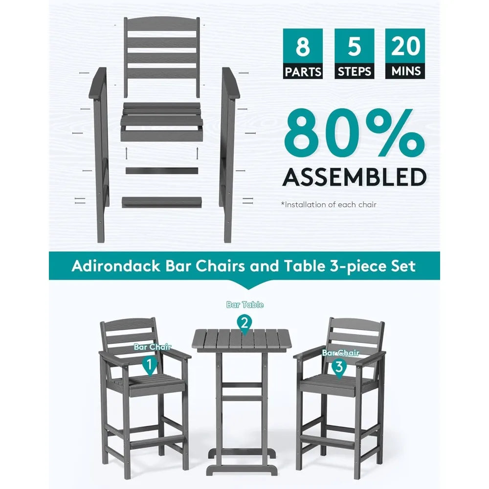 Balcony Adirondack Chairs and Table 3 Pieces Set, Adirondack Bar Height Chairs Set of 2 and Bar Table, Outdoor Bar Stools Set,