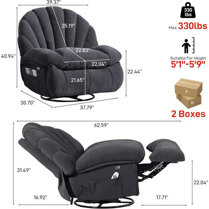 Gray Swivel Recliner Chair with Comfortable Fabric, 360-Degree Rotation, Storage, and Electric Recline for Living Room or Bedroo