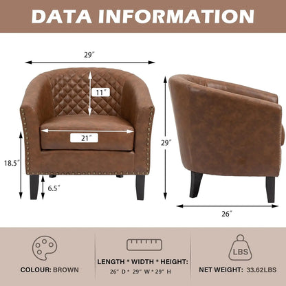 Faux Leather Barrel Accent Chairs Set of 2, Round Club Chair Modern Upholstered Armchair for Living Room, Comfy Nailed Trim Arm