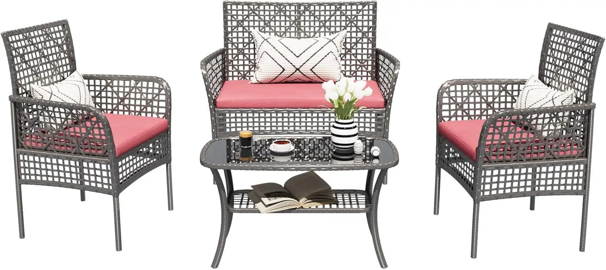 4 Pieces Outdoor Patio Furniture Set, PE Rattan Chairs Wicker Furniture with Coffee Glass Table and Soft Cushions, Outdoor Seati
