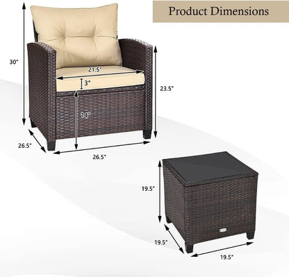 3-Piece Outdoor Patio Set with Washable Cushions & Tempered Glass Table, PE Rattan Furniture for Garden, Balcony