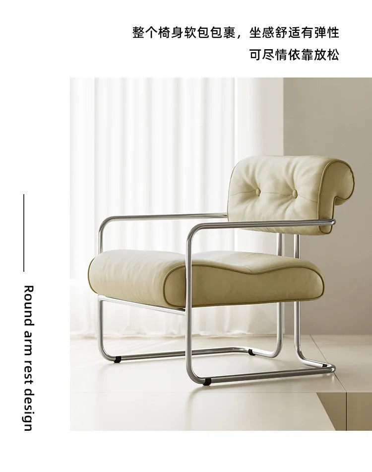 French light luxury stainless steel leather single sofa chair bedroom living room creative leisure chair cafe back dining chair