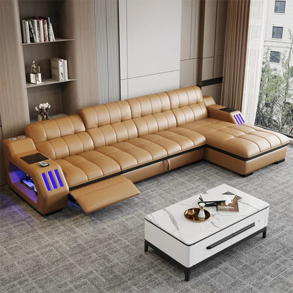 -Popular New Products Massage Function Furniture Living Room Sofa 3 Set Leather Sectional L-shaped Princess Side Table Bluetooth