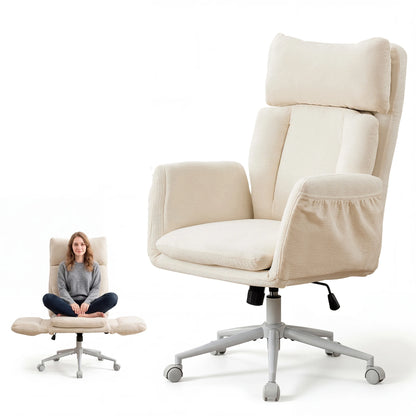 TCGBKAF Beige Big&Tall Office Chair with Flip Armrests Cross Legged Office Chair with Wheels Soft Chenille Executive Chair with Adjustable Lumbar Support Ergonomic Computer Desk Chair