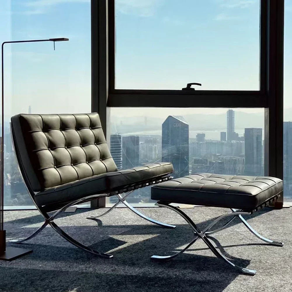 High-end Modern Single Black Accetnt Leather Silla Barcelona Chair Lazy Leisure Lounge Chair Cushion Metal  Creativity