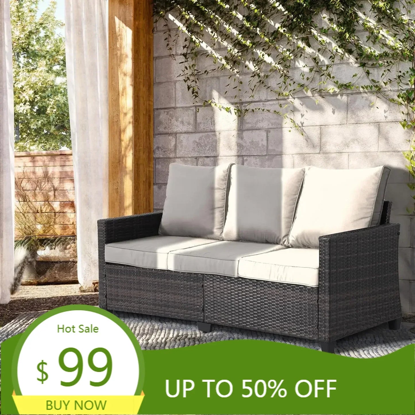 "3-seat weather-resistant wicker patio sofa with high curved back and plush cushions"