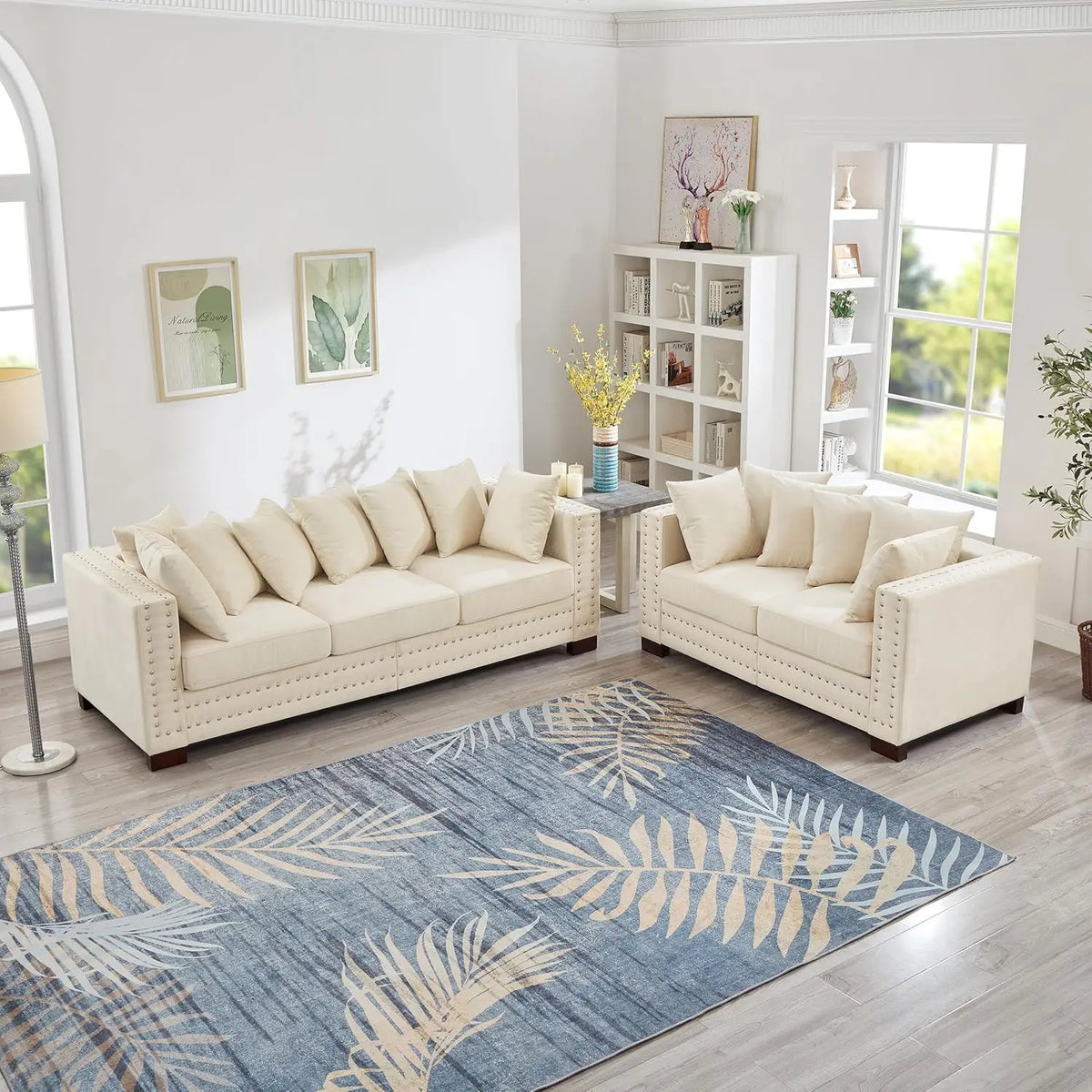2-Piece Modern Velvet Upholstered 2+3 Seater Sofa Set with Storage Space, Loveseat and Sofa Couch with Silver Nail Trim