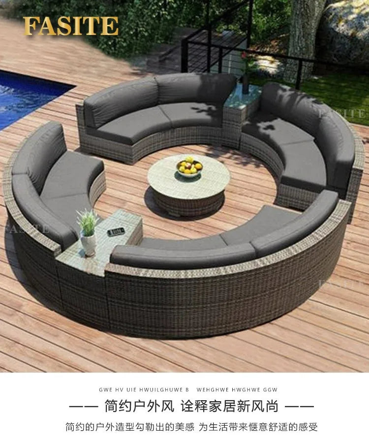 Outdoor round rattan sofa combination garden courtyard semi-circular rattan chair outdoor hotel curved living room