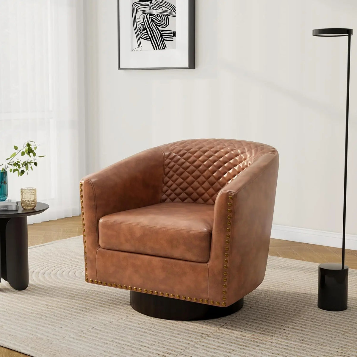 Pia Ricco Faux Leather Barrel Accent Chair, Modern Club Arm Chair Comfy Upholstered Single Sofa Chair with Solid Wood Legs and N