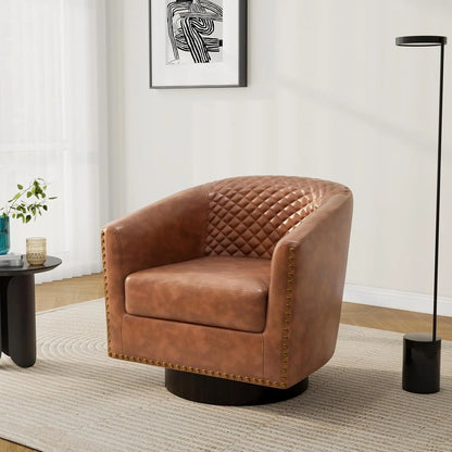 Pia Ricco Faux Leather Barrel Accent Chair, Modern Club Arm Chair Comfy Upholstered Single Sofa Chair with Solid Wood Legs and N