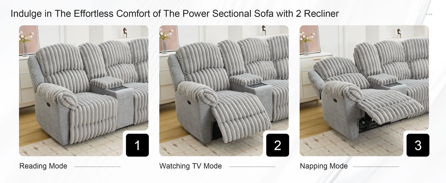 Power Reclining L-Shaped Fuzzy Rabbit Plush 5-Seater Sectional Sofa Set with Wireless Charger, USB Type-C Port & Storage Console