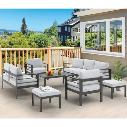 Aluminium modern patio furniture with coffee table, 7-piece outdoor conversation set, dark grey cushions, suitable for balcony