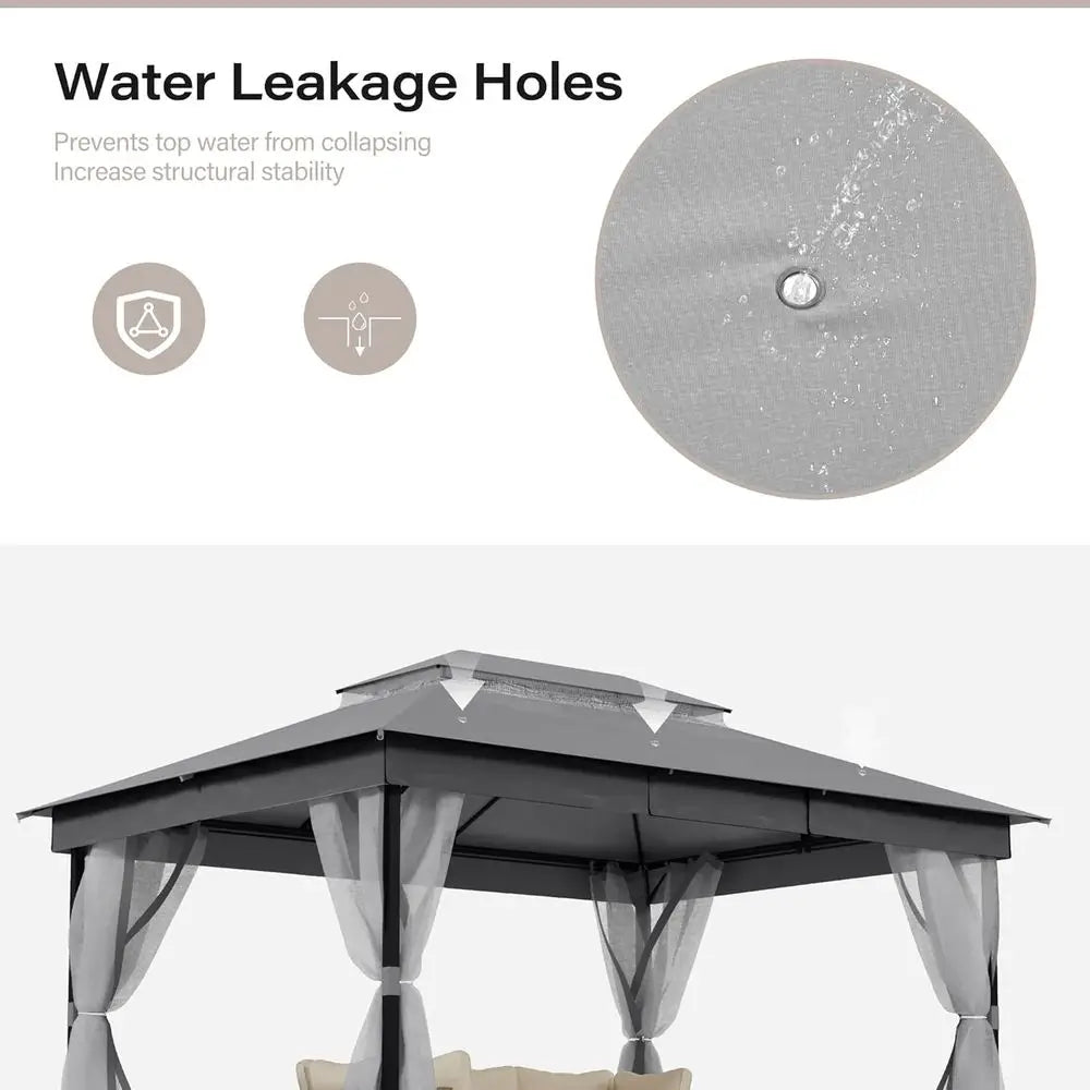 10x13ft Waterproof Patio Gazebo with Mosquito Netting, Double Roof Outdoor Pavilion for Backyard, Garden, Lawn, Wedding (Grey)