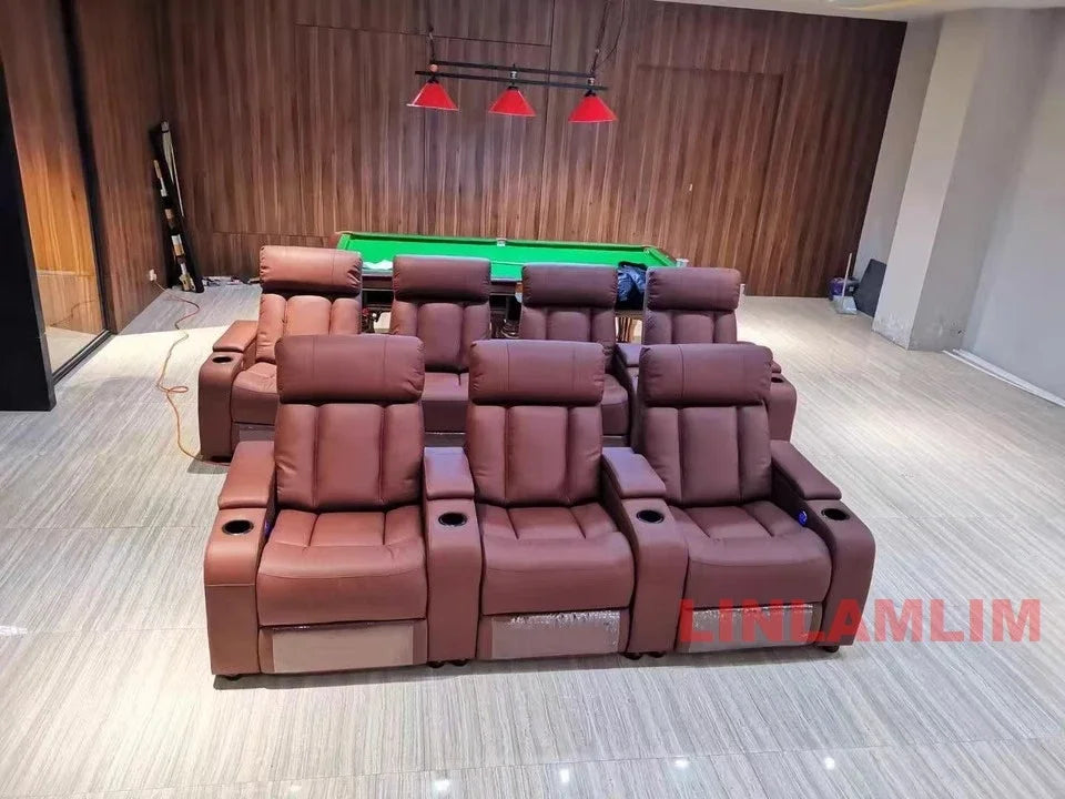 Linlimlam Luxury Genuine Leather Electric Recliners Cinema Chairs with Cup Holder, LED Light – Home Theater Power Reclining Sofa