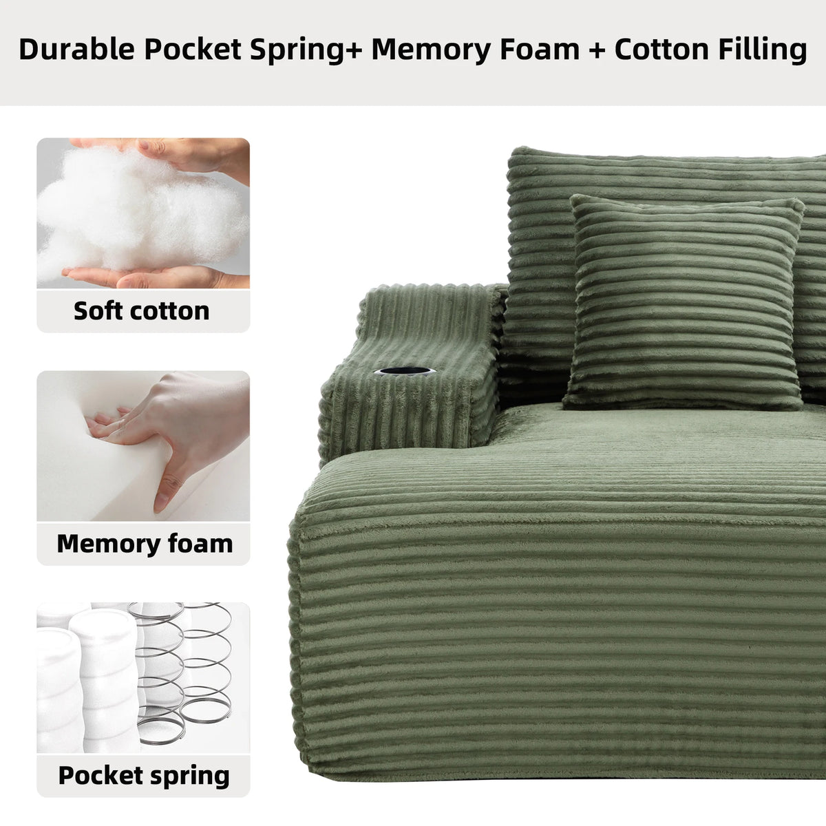 67 Inch Chaise Lounge Chair Indoor, Oversized Corduroy Upholstered Boneless Sofa Bed, Cloud Sofas Couches for Living Room