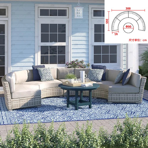 Sofa, courtyard, garden, leisure, outdoor living room, semi circular curved rattan chair, terrace, outdoor furniture combination