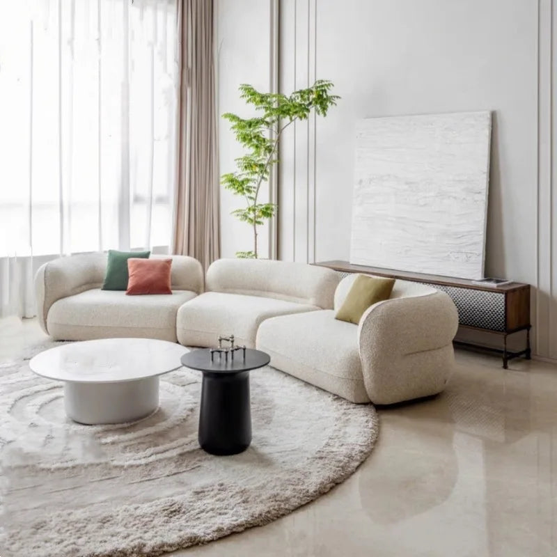Cream style sofa, simple curved corner combination lamb wool sofa