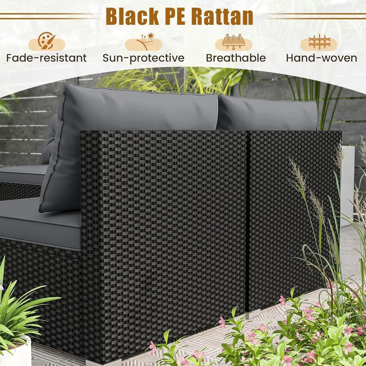 5pc PE Rattan Sectional Set 4 Armless Sofas Acacia Table Cushioned Garden Poolside Backyard Grey Customized