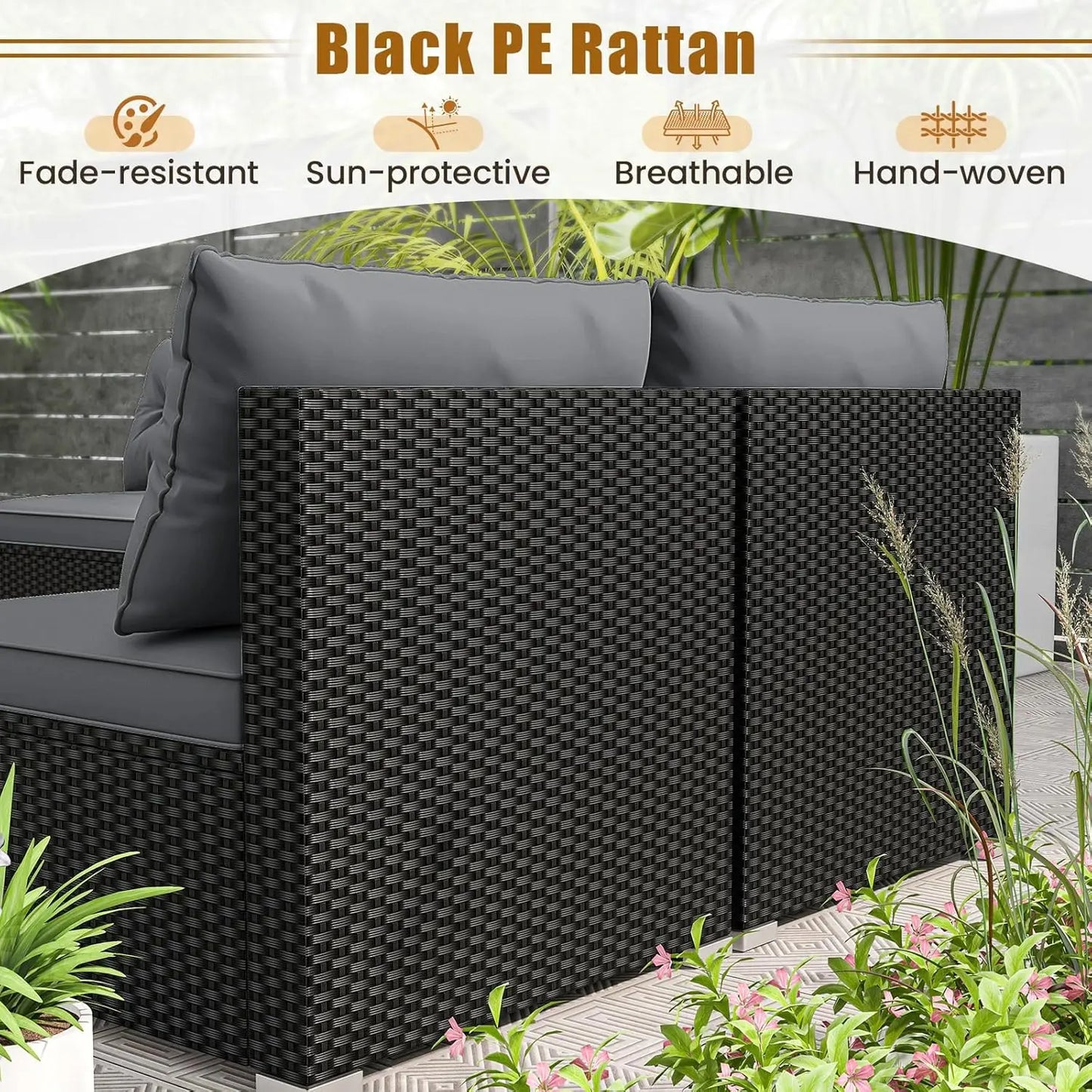 5pc PE Rattan Sectional Set 4 Armless Sofas Acacia Table Cushioned Garden Poolside Backyard Grey Customized