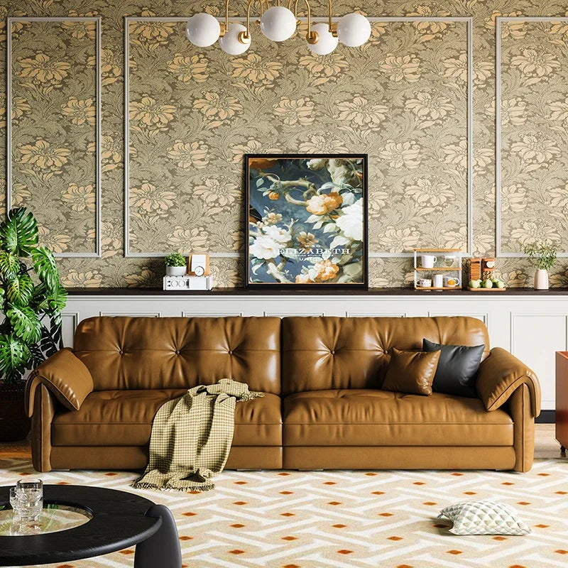 Oil wax leather sofa, French retro style, large and small apartment, living room straight combination