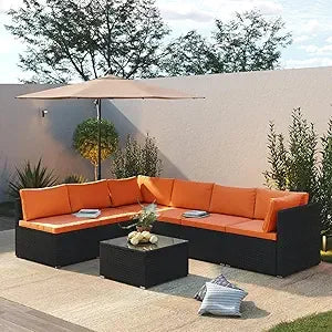 7 Piece Patio Furniture Set, Outdoor Patio Conversation Set, All-Weather Rattan Wicker Sectional Sofa Couch w Water Resistant Th