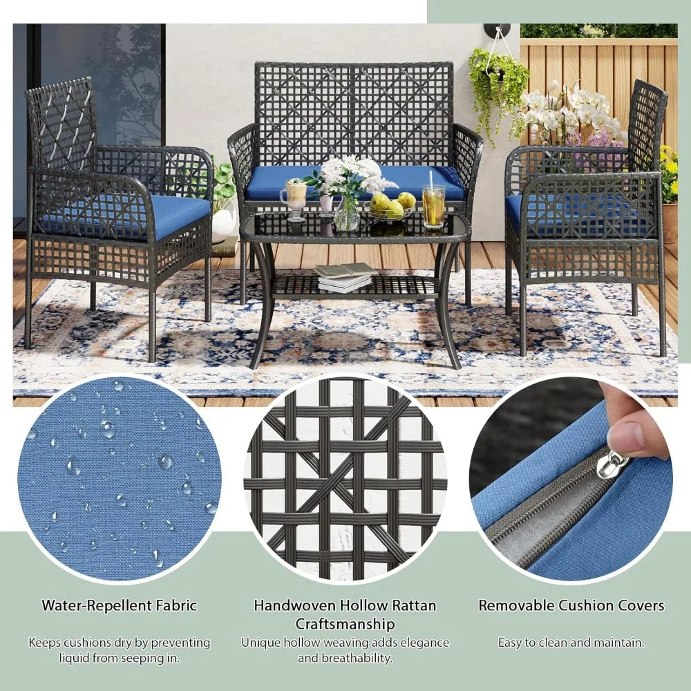 4-Piece Patio Furniture Set, Weather-Resistant Rattan Patio Conversation Set with Two-Tier Coffee Table, Upholstered Openwork