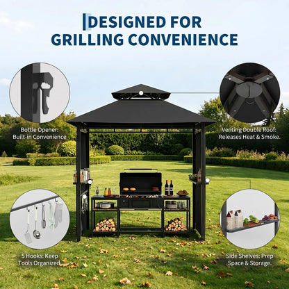 Outdoor BBQ Grill Gazebo 8x5 FT, Double Roof Vented Patio Canopy Tent With 2 Side Shelves For Backyard Cooking