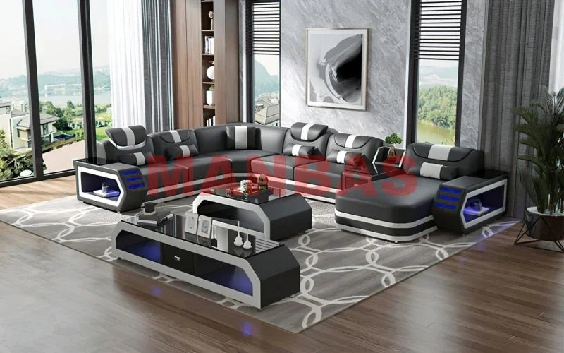 Modern LED Light Genuine Leather Sectional Sofa Set with Storage Shelves, USB Charging Ports, Cup Holder and Contemporary Design