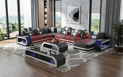 Modern LED Light Genuine Leather Sectional Sofa Set with Storage Shelves, USB Charging Ports, Cup Holder and Contemporary Design