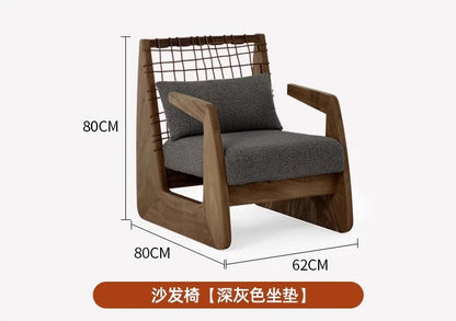 Medieval Style Solid Wood Rope Leisure Chair Retro Single Sofa Chair Wabi-sabi High-end Home Cafe Rattan Single Chair