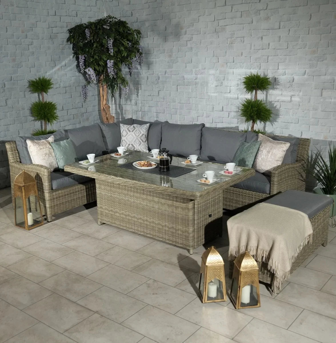 -Patio Furniture L Shape Wicker Lounge Set Garden Corner Sofa Sets With Firepit Table Outdoor Rattan Dining Table And Chair