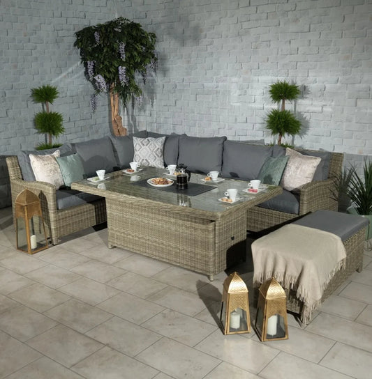 -Patio Furniture L Shape Wicker Lounge Set Garden Corner Sofa Sets With Firepit Table Outdoor Rattan Dining Table And Chair