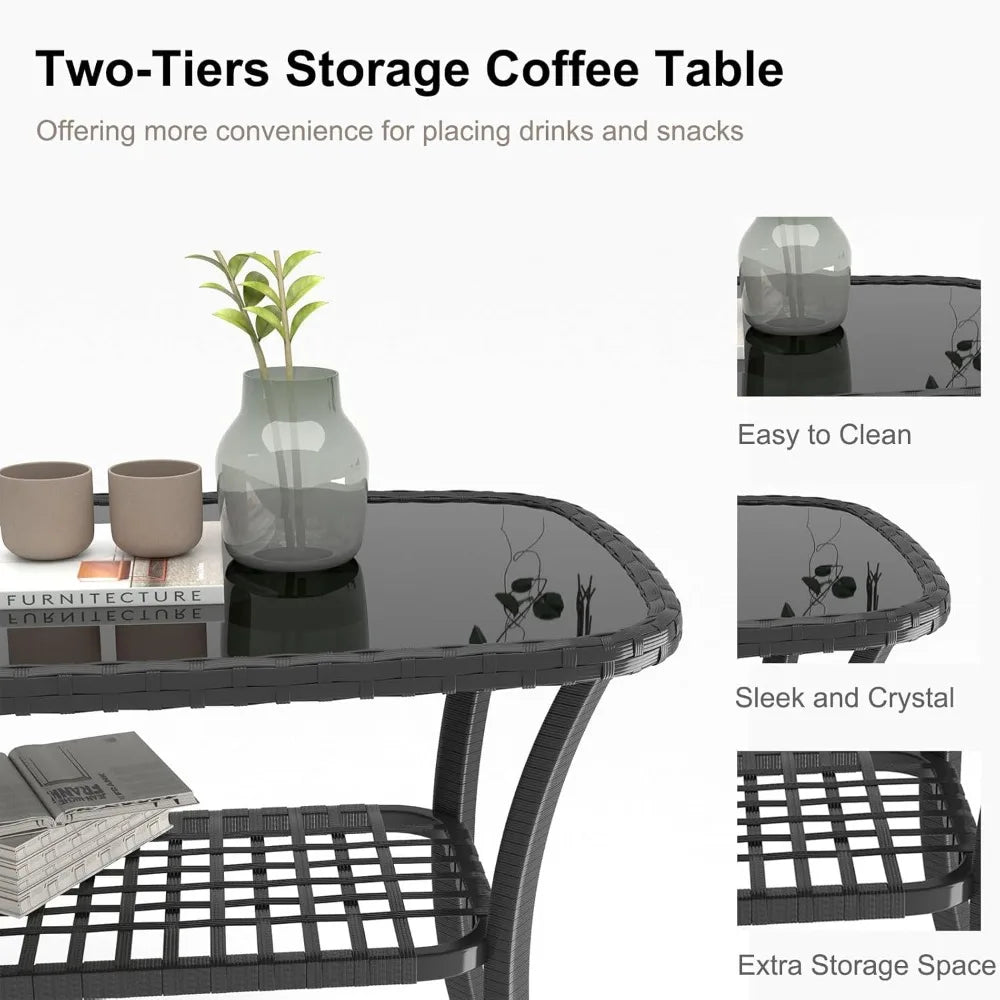 4 Pieces Outdoor Patio Furniture Set, PE Rattan Chairs Wicker Furniture with Coffee Glass Table and Soft Cushions, Outdoor