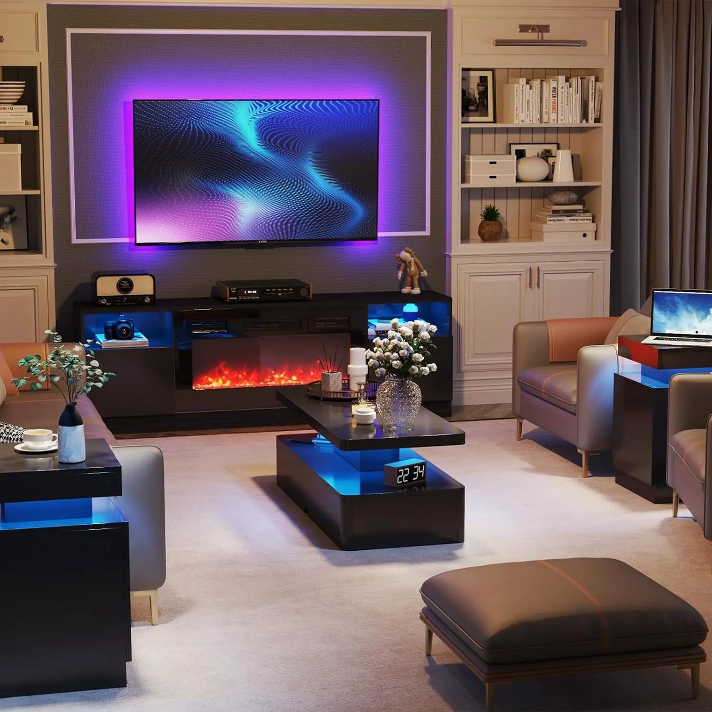 Modern LED Coffee Table, 40" Living Room Tables with 16 Colors LED Lights, Double-Layer Design, Stylish Coffee Tables