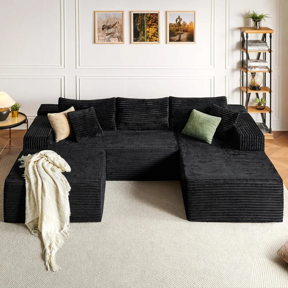 Black Sectional Couch with Ottoman, 108 Cloud Modular Couch for Living Room, Modern U-Shaped Sofa, No Assembly Required