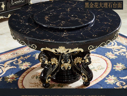 HTT marble dining table and chair combination carved round table for household8 people round  with turntable furniture