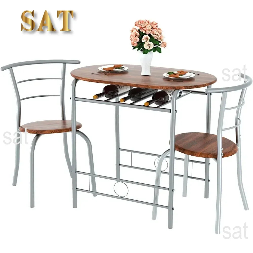 v 3 Piece Small Round Dining Table Set for Kitchen Breakfast Nook, Wood Grain Tabletop with Wine Storage Rack, Save Space, 31.