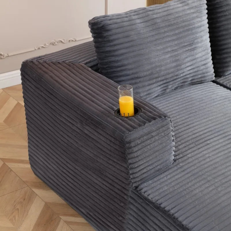 132-Inch boneless sofa, modern corduroy U-shaped modular section sofa, comfortable sofa with cup holder